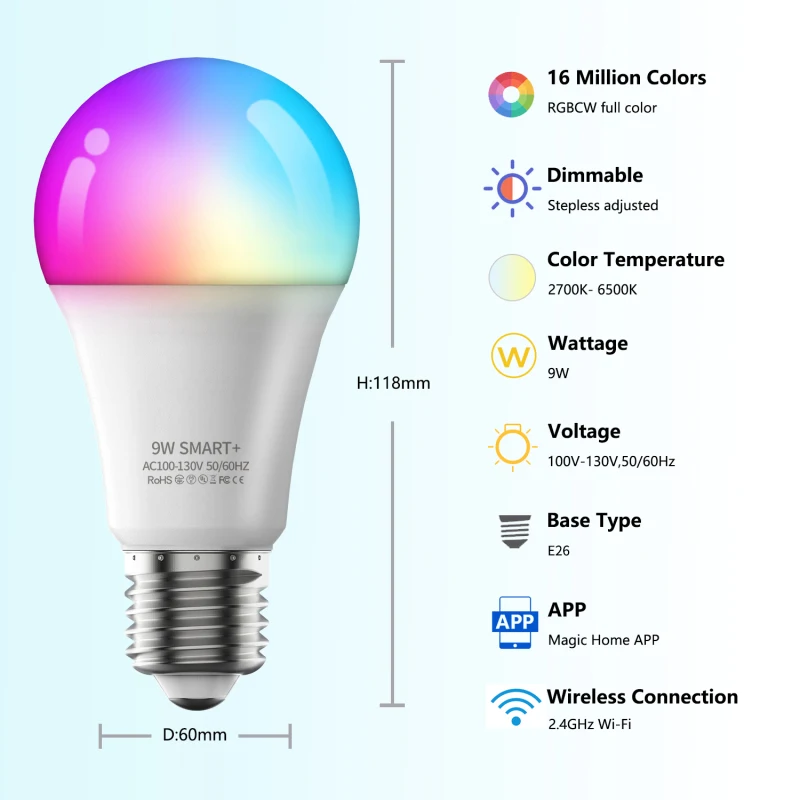 Cozylife 앱 제어, 구글 홈 알렉사 지원, E26 전구, 와이파이 9W 스마트 RGB 램프, 홈 디밍 타이머 기능, 4 개, 3 개, 2 개