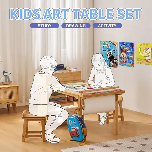 Art Table and Chair Set for Kids with Paper Roll Holder, Storage Shelves, Side Tray, Organizer Caddy, and 2 Stools, Ideal for Ag