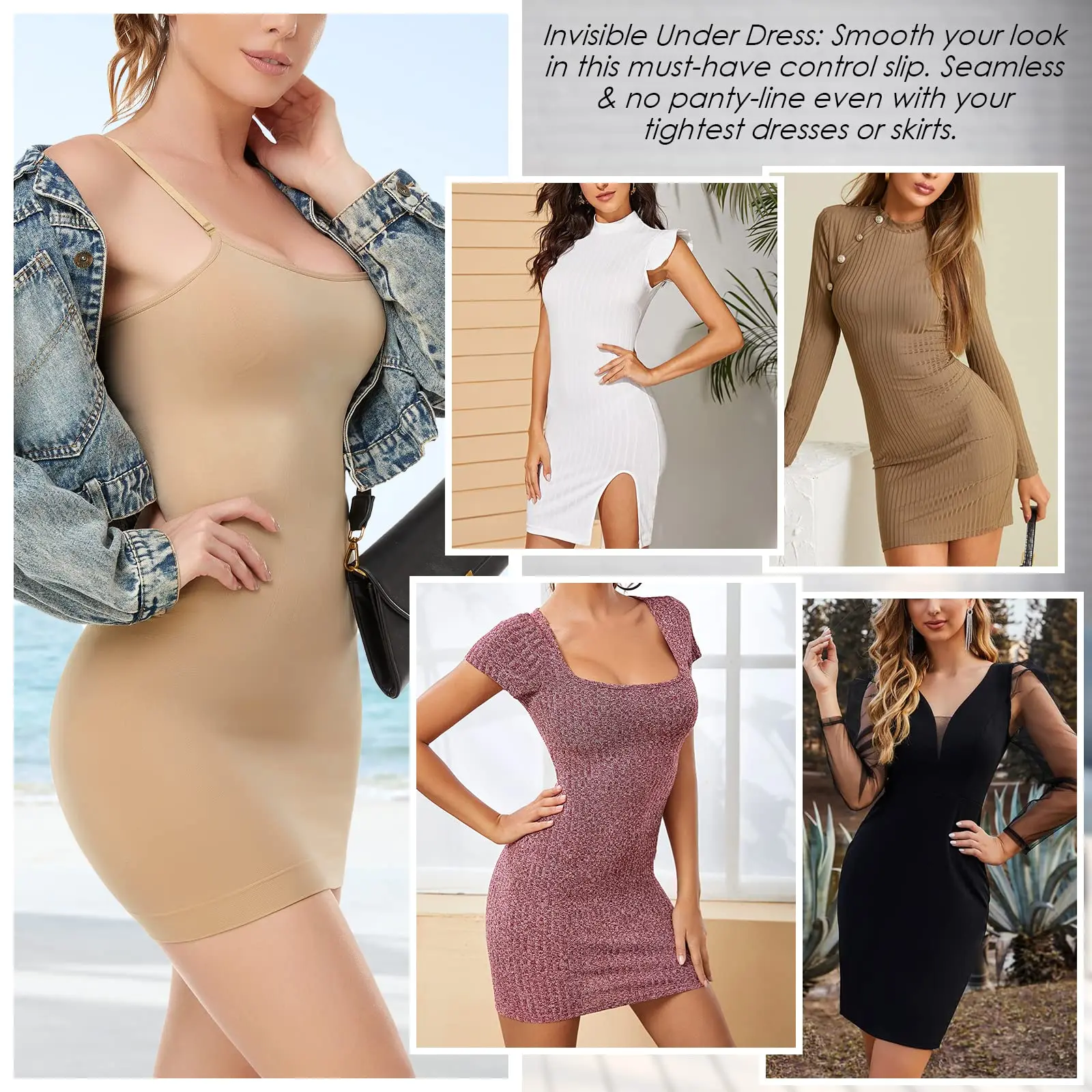 Body Shaper Women Slips Under Dresses Tummy Control Seamless Spaghetti Strap Cami Dress