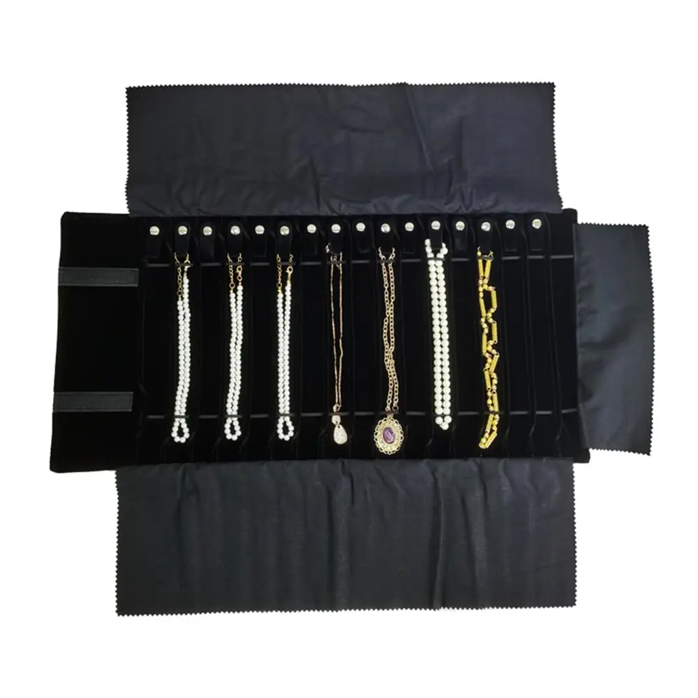Portable Jewelry Roll Untangled Secure Necklace Travel Storage Bag Displays Holder 16 Chain (Gray PU and Black Velvet)