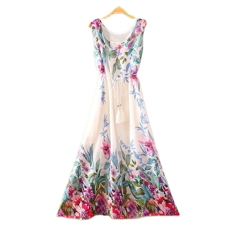 2023 Summer New Bohemian Casual Seaside Holiday Beach Chiffon Printed Fashion Flower Elegant Vest Skirt Female