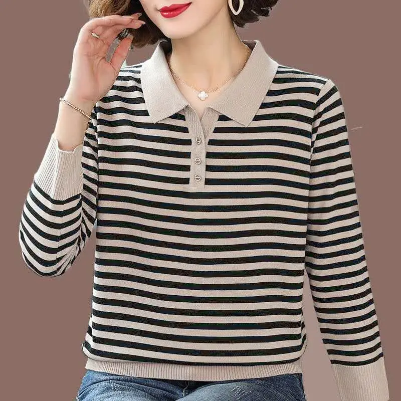 

Autumn and Winter Women's Pullover Collar Button Thread Striped Sweater Color Block Knitted Bottom Fashion Casual Elegant Tops