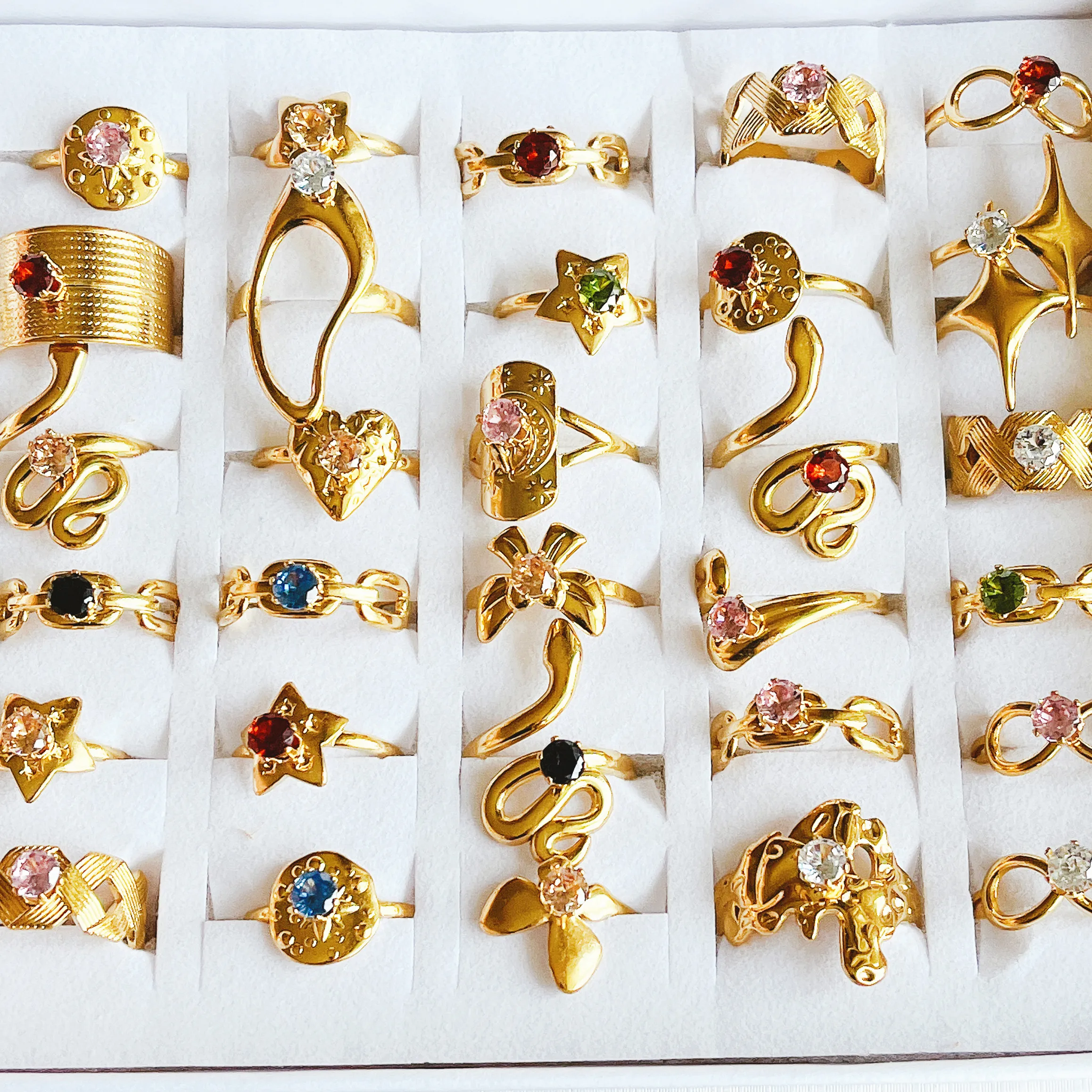 36Pcs/lot Luxury Color Zircon Mixed Style Stainless Steel Open Ring for Men and Women Fashion Snake Star Jewelry Accessories