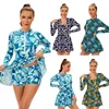New Modest Flower Printed 3-Piece Swimsuit Set Long Sleeve Swimwear  High-Waisted Slim-Fit Bathingsuit