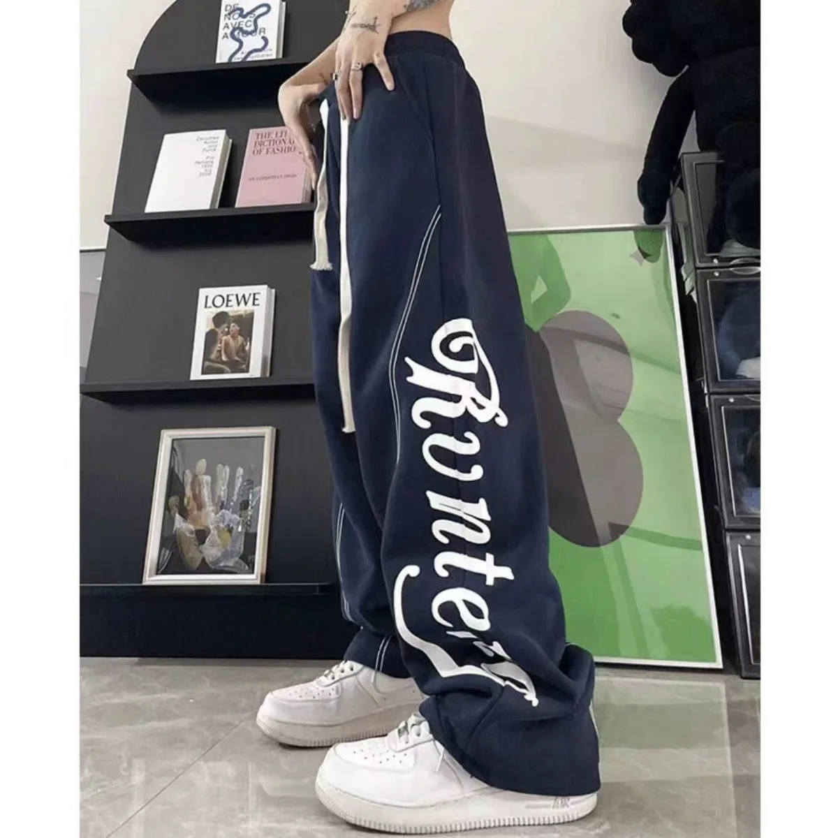 

American retro letter printing thickened casual pants women's tide brand loose wide-leg drawstring straight sports pants