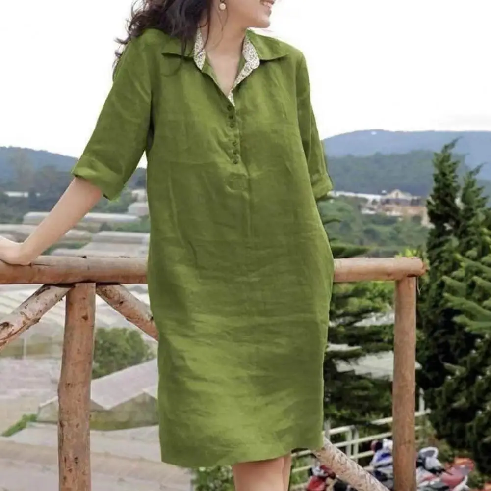 

Women Dress Loose Three-quarter Sleeves Solid Color Lapel Knee Length Soft A-line Casual Spring Summer Midi Dress