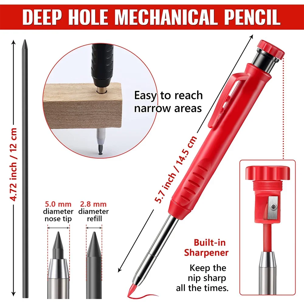 Durable Carpenter Pencil with Refill Lead and Built-in Sharpener for Precision Woodworking
