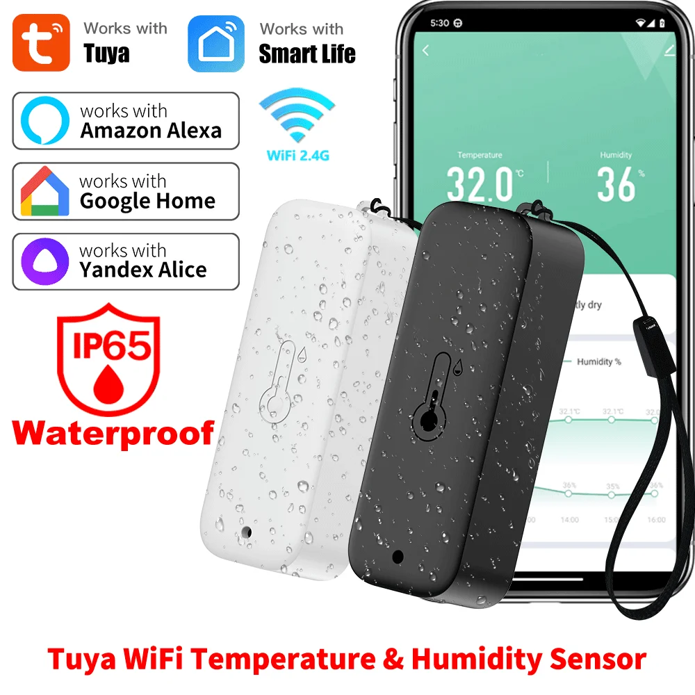 Tuya WiFi مستشعر درجة الحرارة والرطوبة IP65 مقاوم للماء ميزان الحرارة الذكي التحكم عن بعد APP العمل مع Google Assistant Alexa