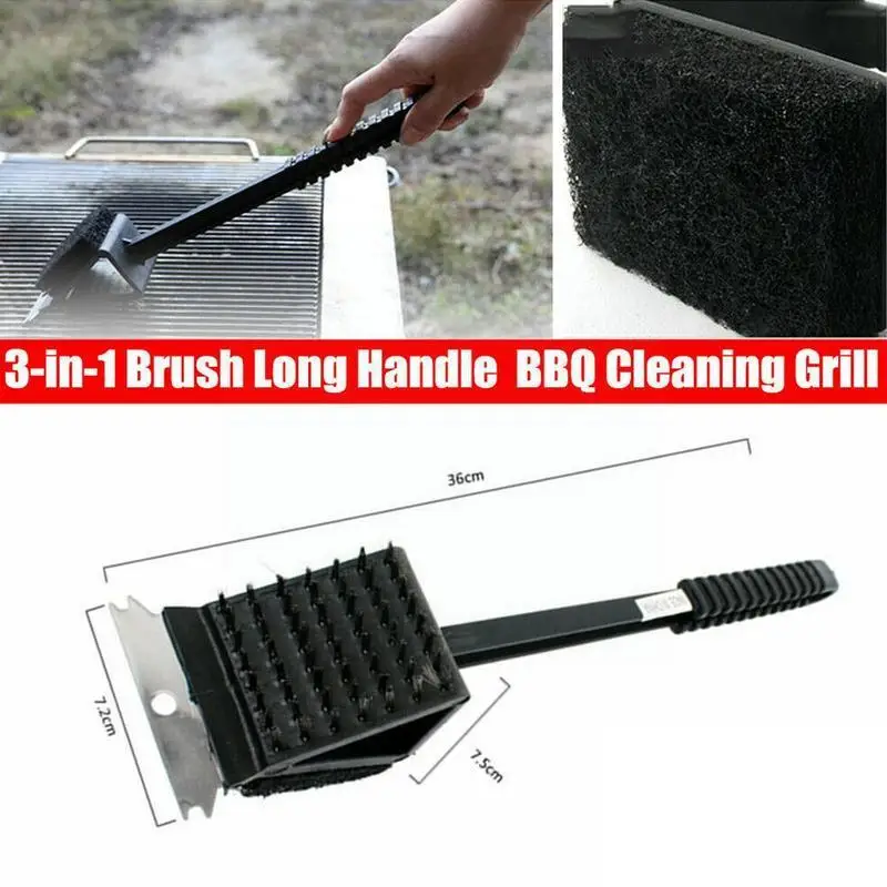 3 In 1 BBQ Wire Brush Barbecue Grill Oven Cleaning BBQ Brush Copper Wire Sponge Shovel Long Handle Cleaning brush