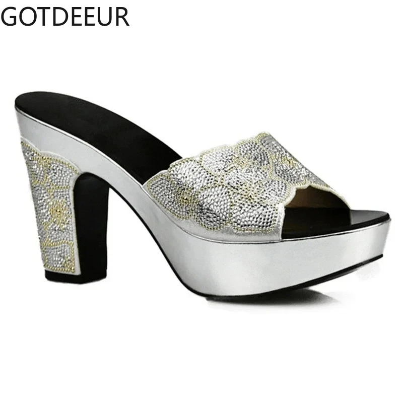

Женские сексуальные туфли на высоком каблуке, женские туфли-лодочки без застежек, женская обувь на платформе, украшенная искусственными элементами