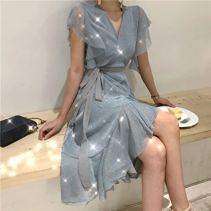 

Элегантные женские платья во французском стиле, модное женское облегающее вечернее платье с V-образным вырезом и коротким рукавом, с поясом и оборками, новинка 2023