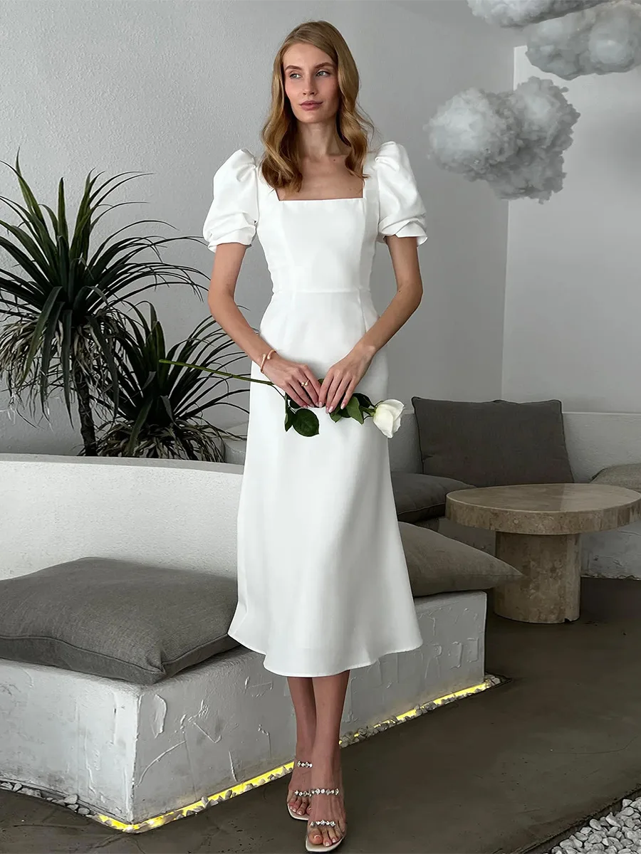 Bornladies Women's 2026 Summer New Square Neck Short Sleeve Dress Elegant Fitted Slim Puff Sleeve Midi Dress