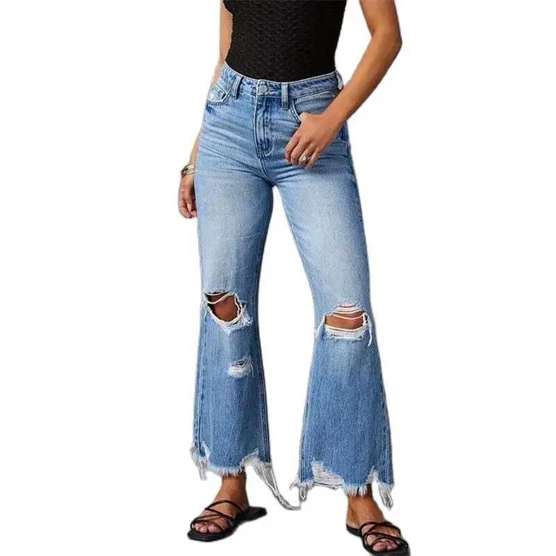 

Fashion Trend Broken Holes Women Straight Jeans High Waist Denim Pants Female Casual Streetwear Summer Splicing Tassel Trousers