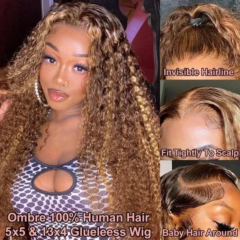 Highlight Ombre Lace Front Wig Human Hair Pre Plucked 13x4 HD Honey Blonde 4/27 Deep Wave Lace Frontal Wigs 200% Density Glueles