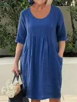 Plus Size 2025 New Large Size Casual Loose Short Sleeve Dress Pure Colour Pocket U Neck Casual Elegant - Image 2