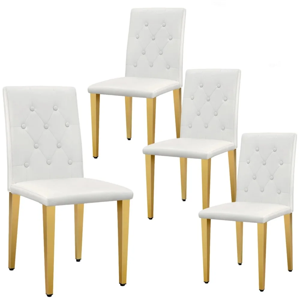 Conjunto de 4 Cadeiras de Jantar Modernas, Cadeiras de Jantar Parsons Estofadas com Botões e Pernas de Metal Dourado, PU Branco, Personalizadas