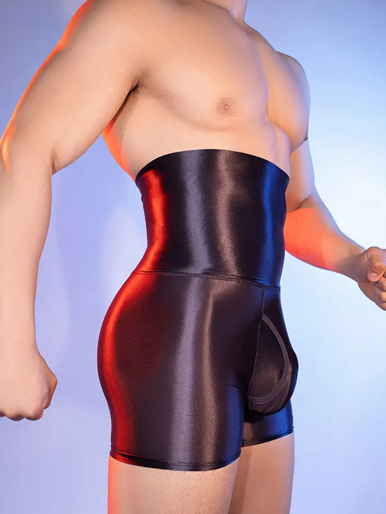 Men's Pants Boxer High Elastic Control Tummy Lift Butt Sexy Shorts U Bulge Pouch Hole Open Oil Shiny Shaper Exotic Man Lingerie