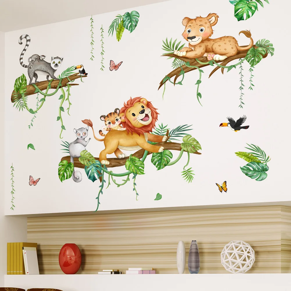Cartoon Forest Animals Wall Sticker For Kids Room Bedroom Decoration Mural Cute Lion Raccoon Nursery Decor Self-adhesive Decals wall stickers vinyl decal stickers