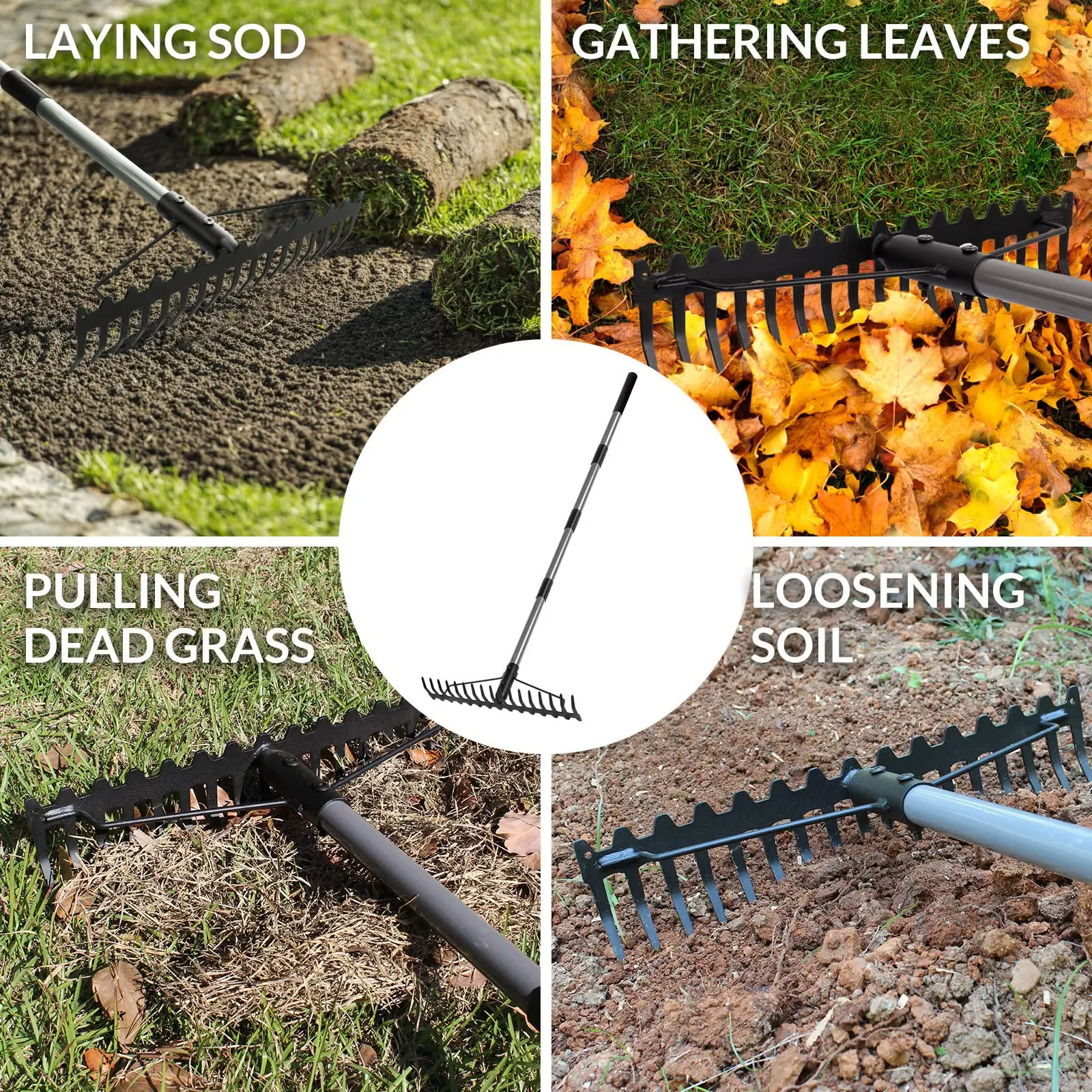 Stainless Steel Garden Rake Adjustable Handle Garden Tool for Cleaning Weeds and Loose Soil Agricultural Rake Accessories