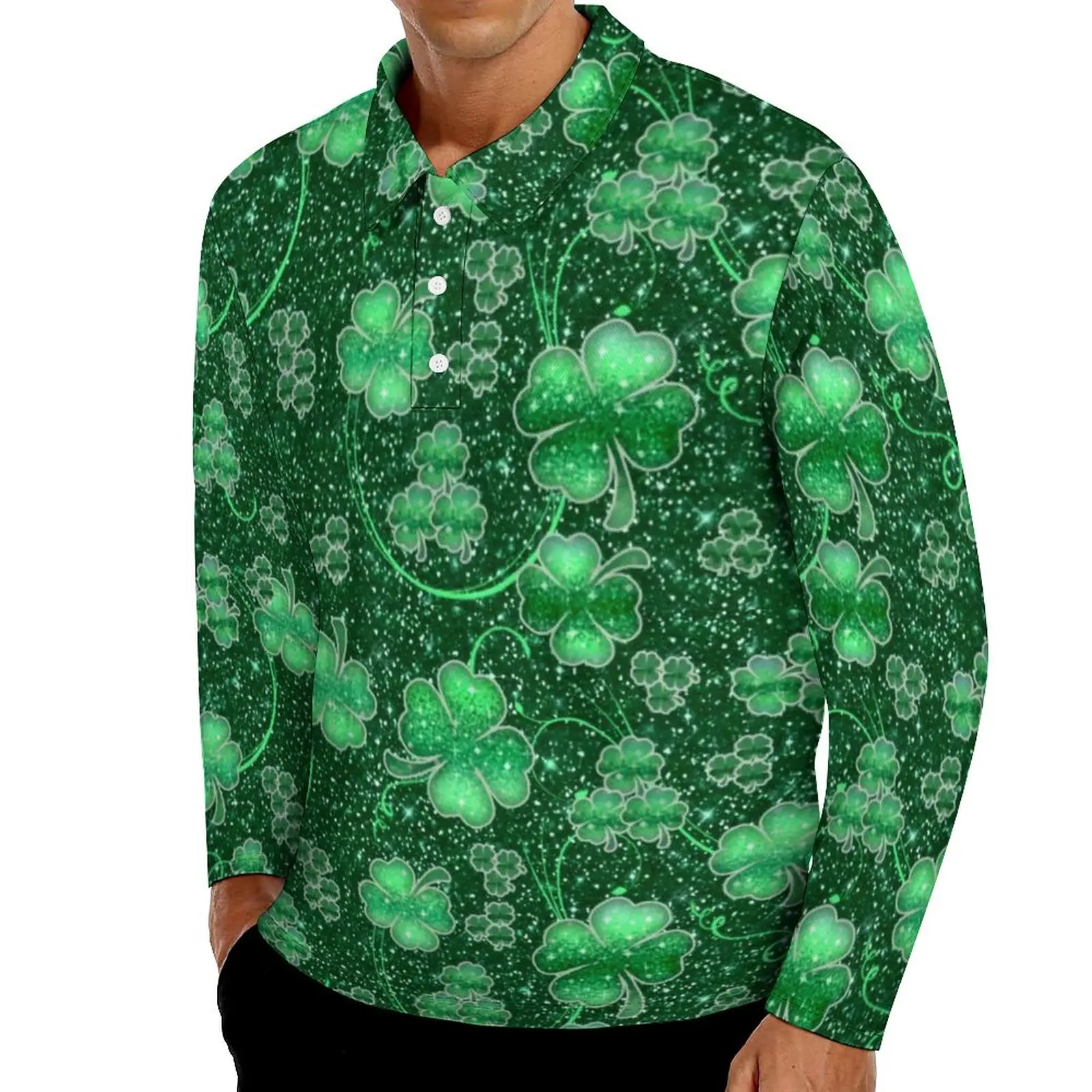 Glittering Shamrock Polo Shirts Men Abstract Leaves Print Casual Shirt