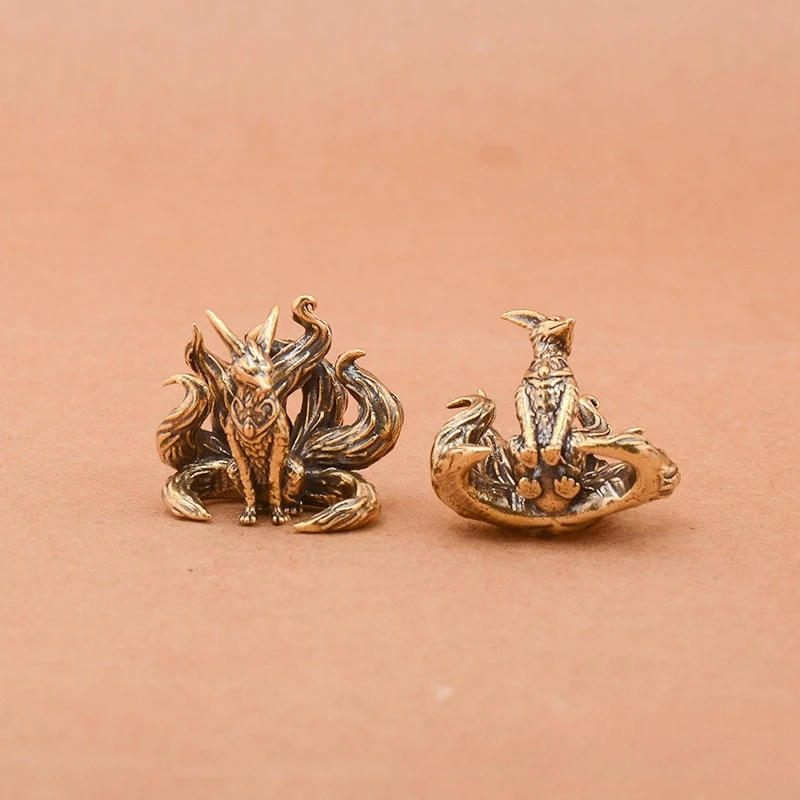 Miniature Antique Brass Lucky Nine Tailed Fox Figurines Feng Shui Ornament Copper Animal Mini Office Desktop Crafts Home Decor