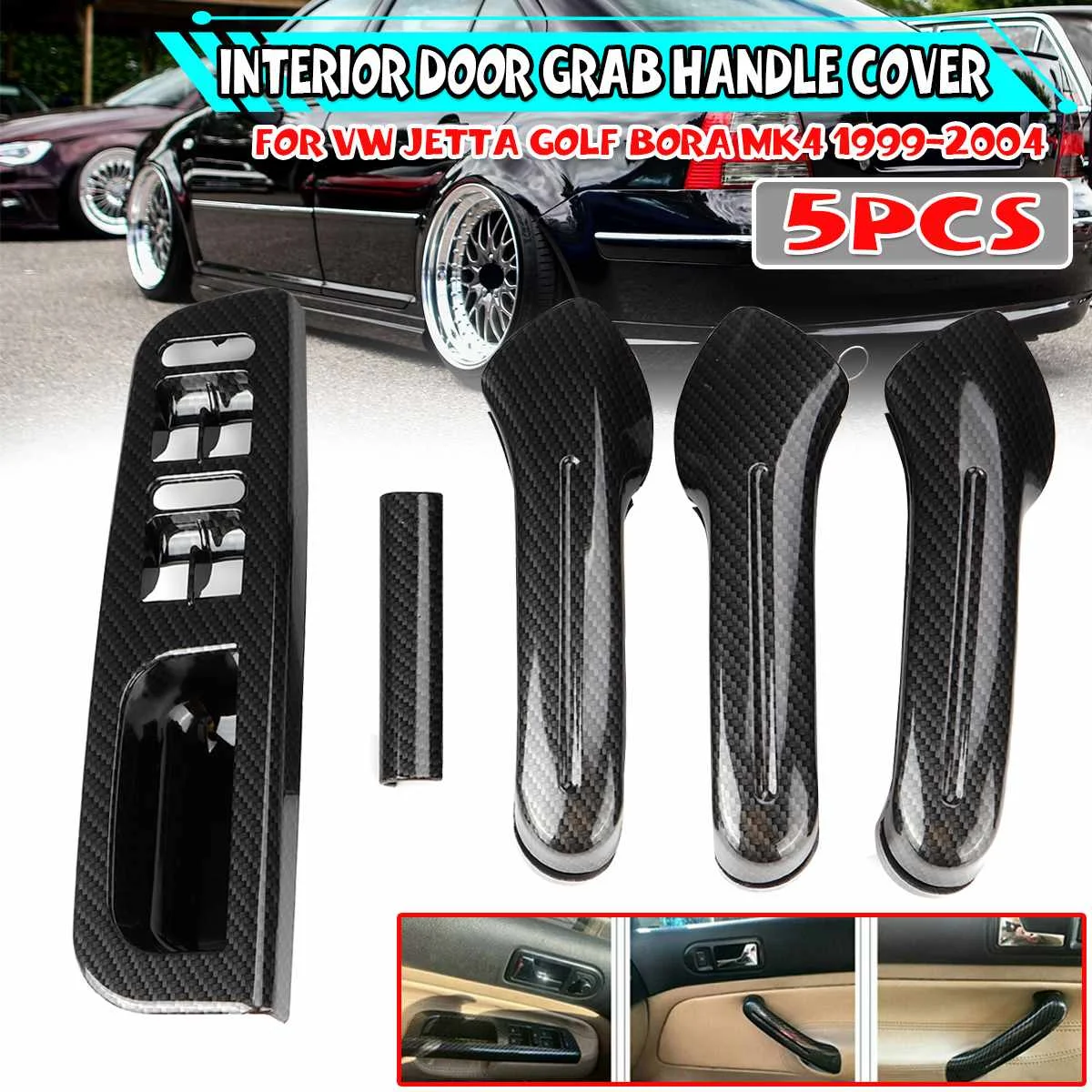 

5pcs Carbon Fiber Look Car Interior Door Grab Handle Cover w/Switch Cover Frame For VW For Jetta Golf Bora MK4 1999-2004