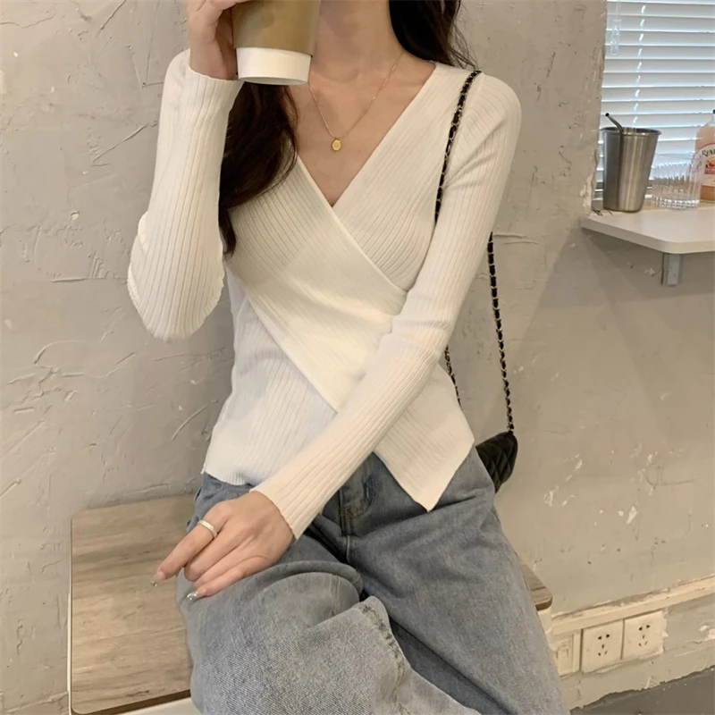 Autumn Winter Knitwear Tops Fashion Female Long Sleeve Skinny Elastic Casual V-neck Knitted Shirts Women Pullover Sweaters 5