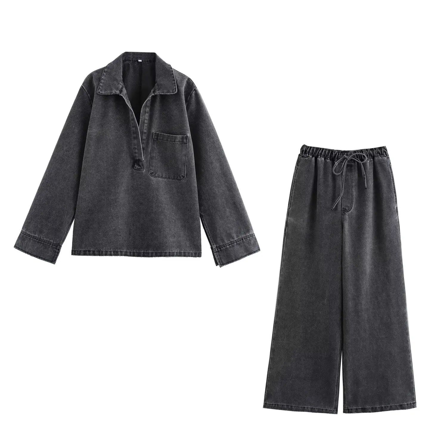 thumbnail image 1 of HH TRAF Conjunto de 2 piezas para mujer, abrigo elegante de manga larga con solapa y bolsillo, top de mezclilla con cordones, cintura elástica, pantalones holgados de pierna ancha sólidos para mujer, 1 of 4