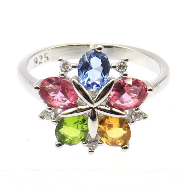 

3g Customized 925 SOLID STERLING SILVER Rings Flowers Shape citrine Peridot Swiss Blue Smoky Aquamarine Tourmaline CZ Sz 5.5-10