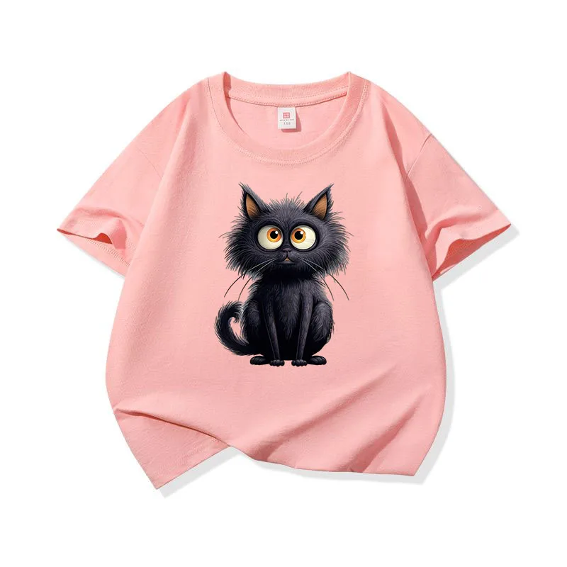 Adorable Black Cat Graphic Kids' Cotton Tee - Soft, Breathable Short Sleeve Shirt