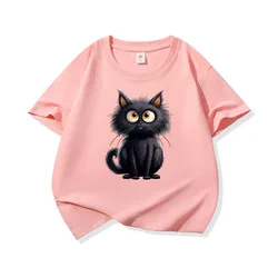 Adorable Black Cat Graphic Kids' Cotton Tee - Soft, Breathable Short Sleeve Shirt - 160 (Pink H1567)