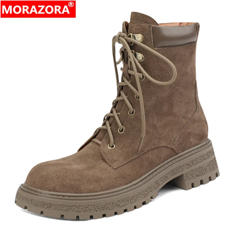 

MORAZORA 2023 New Size 34-40 Retro Cow Suede Women Boots Ladies Platform Boots Narrow Band Winter Autumn Ankle Boots