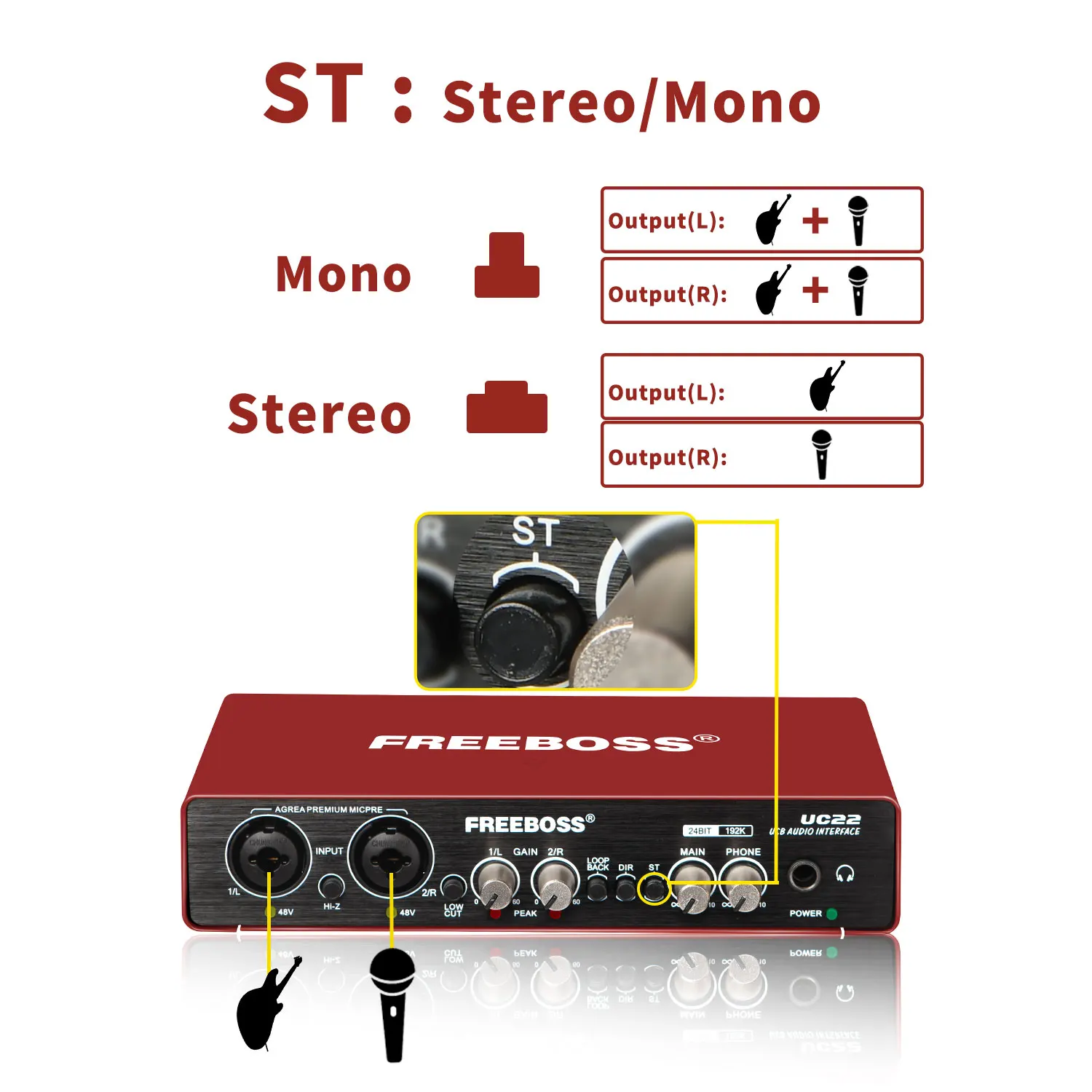 FREEBOSS 24Bit 192KHz Audio Interface Professional Stereo Recording Loopback Guitar USB External Sound Card 48V 2 Mic Input UC22