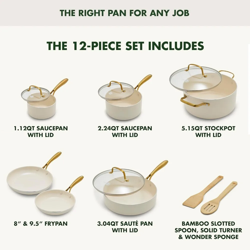 Swift 12 Piece Cookware Pot and Pans Set, PFAS & PFOA-Free Healthy Ceramic Nonstick, Gold Stainless Steel Handle, Versatile Coo
