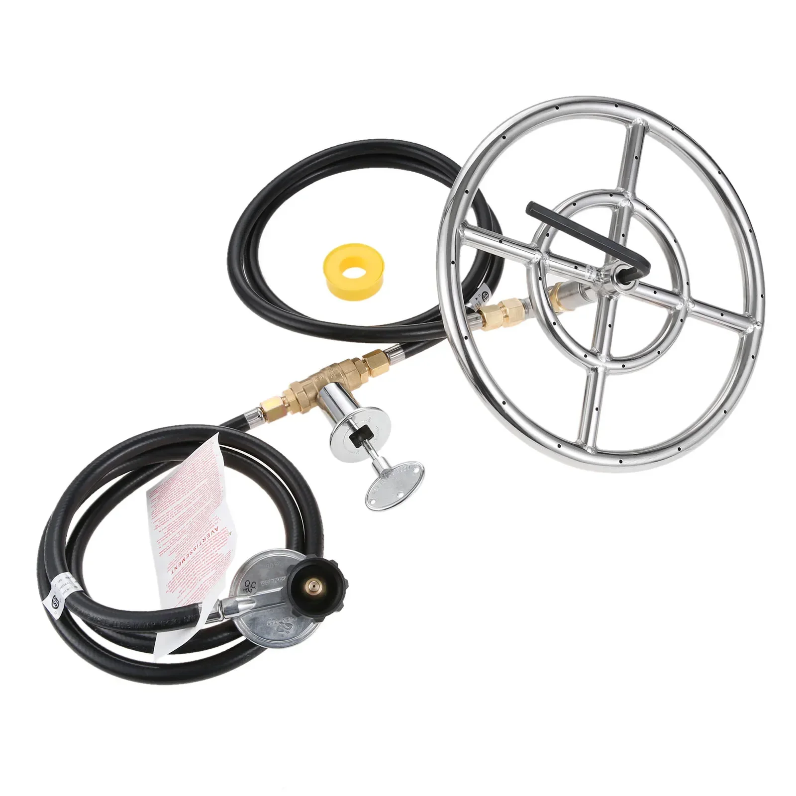 12" LP Propane Gas Fire Pit Stainless Steel Burner Ring Installation Kit with Regulator Hose and 1/2" Key Control Valve 90000BTU