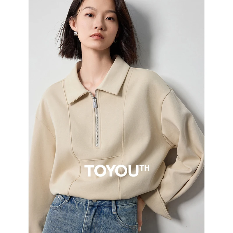 TOYOUTH Women Hoodies Autumn New Simple Split line Zipper Closed Wide Shoulder Pullover Sweatshirt Tops girl sweatshirt