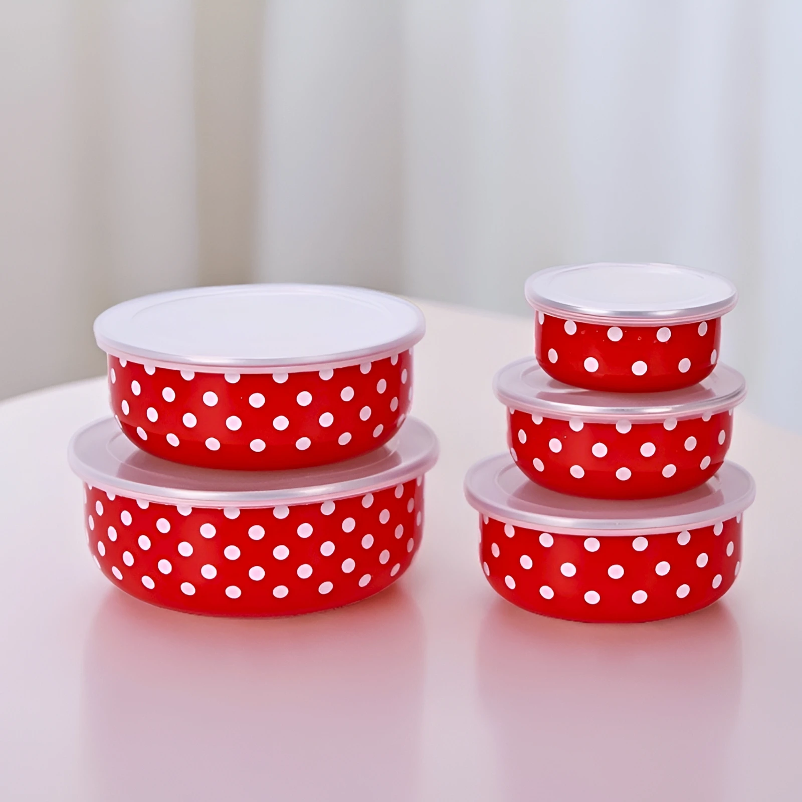 American enamel preservation bowl five-piece set with lid red and white polka dot 4