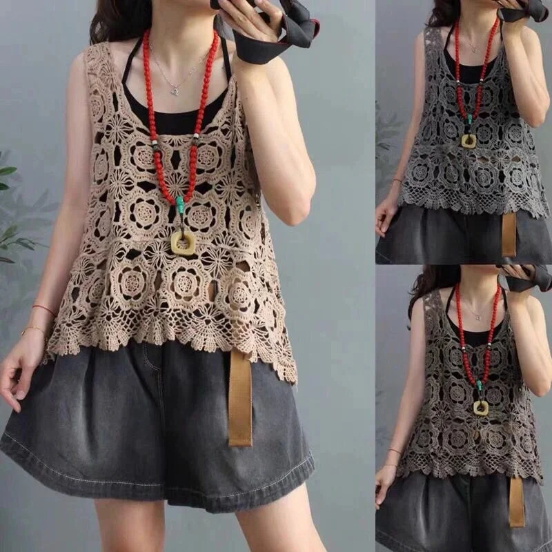 

Woman Crocheted Short Tank Tops Female Hollow Knit Vest Ladies Sling Top Comfortable Sleeveless Camis Camisole G55