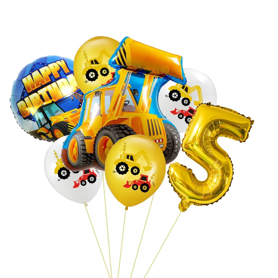 1set Construction Bulldozer Series Disposable Tableware Paper Cups Plates Truck Balloons For Boy's Birthday DIY Party Decoration 