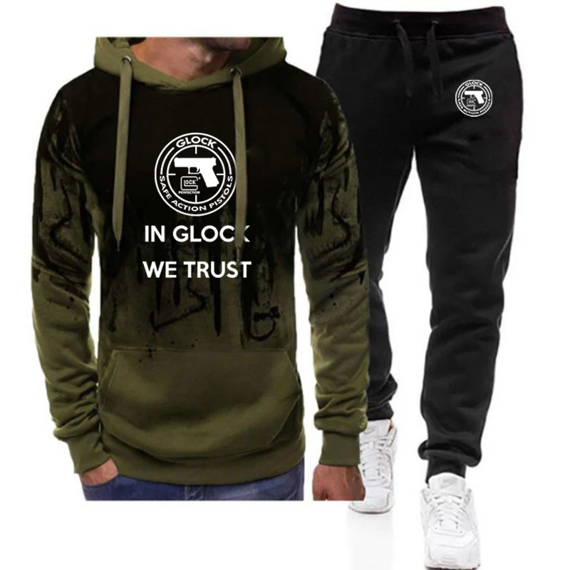 

2022 Glock Handgun USA Logo Mens Harajuku Sweater Hooded + Pants Two Piece Suit Tracksuit Gradient Hoodies Casual Sweatpant Sets