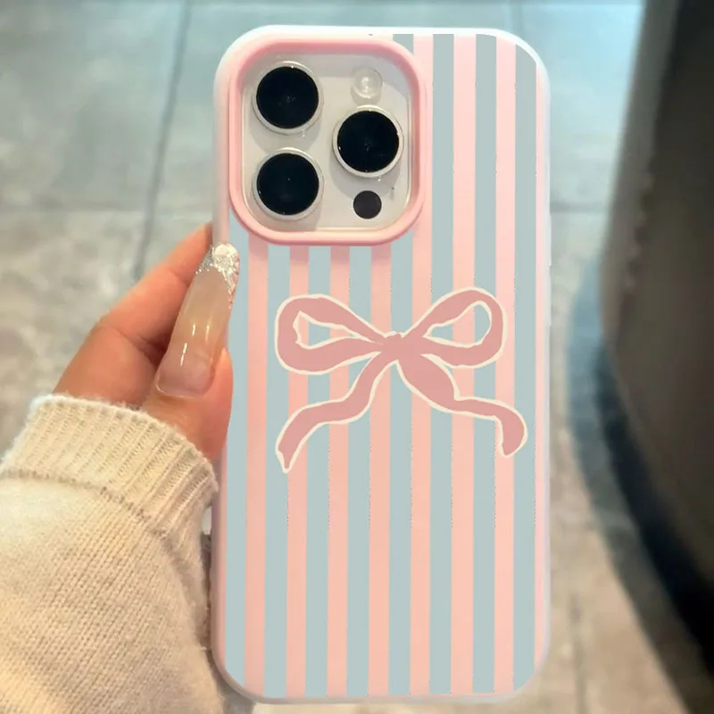 Pink Bow Pattern 2-in-1 Stylish Stripe Phone Case Cover