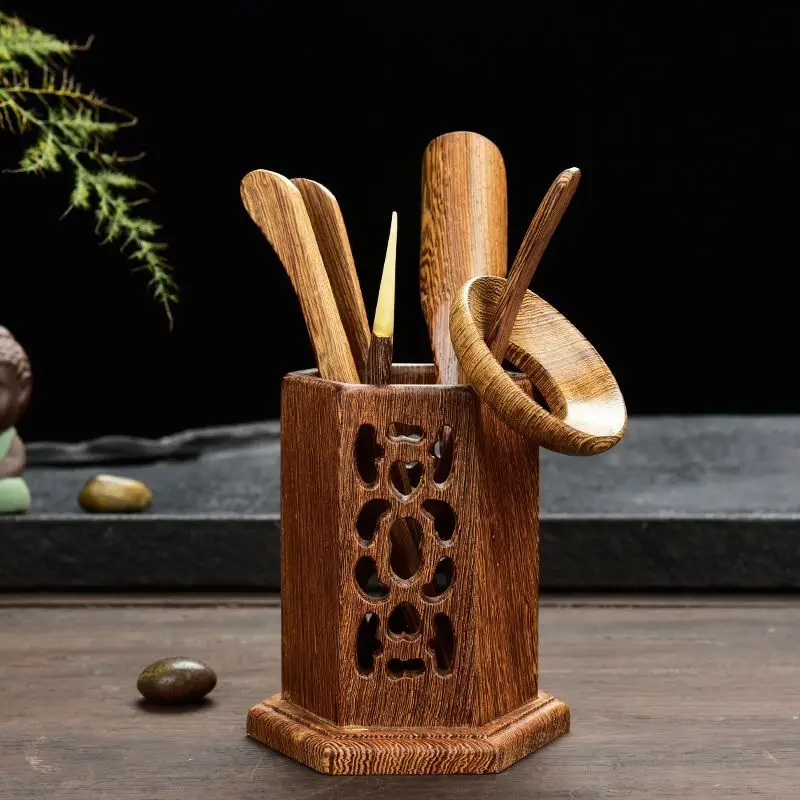 [grandness]-hexahedron-wenge-wood-cha-dao-set-6-pieces-tea-utensils-chinese-kungfu-tea-ceremony-chadao-tools-set