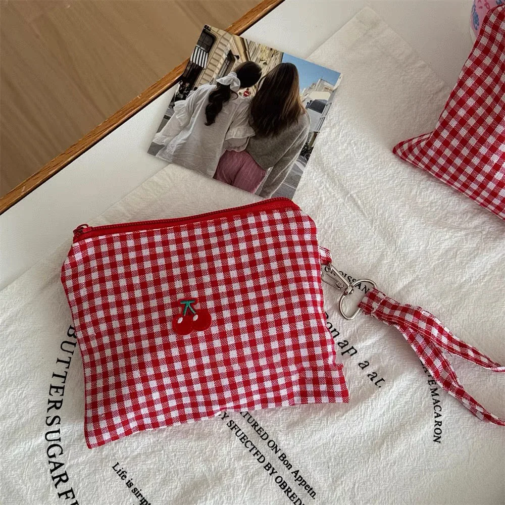 여성용 자수 체리 화장품 가방, 격자 무늬 휴대용 화장품 보관 파우치, 한국 인기 가방, 여성 메이크업 가방