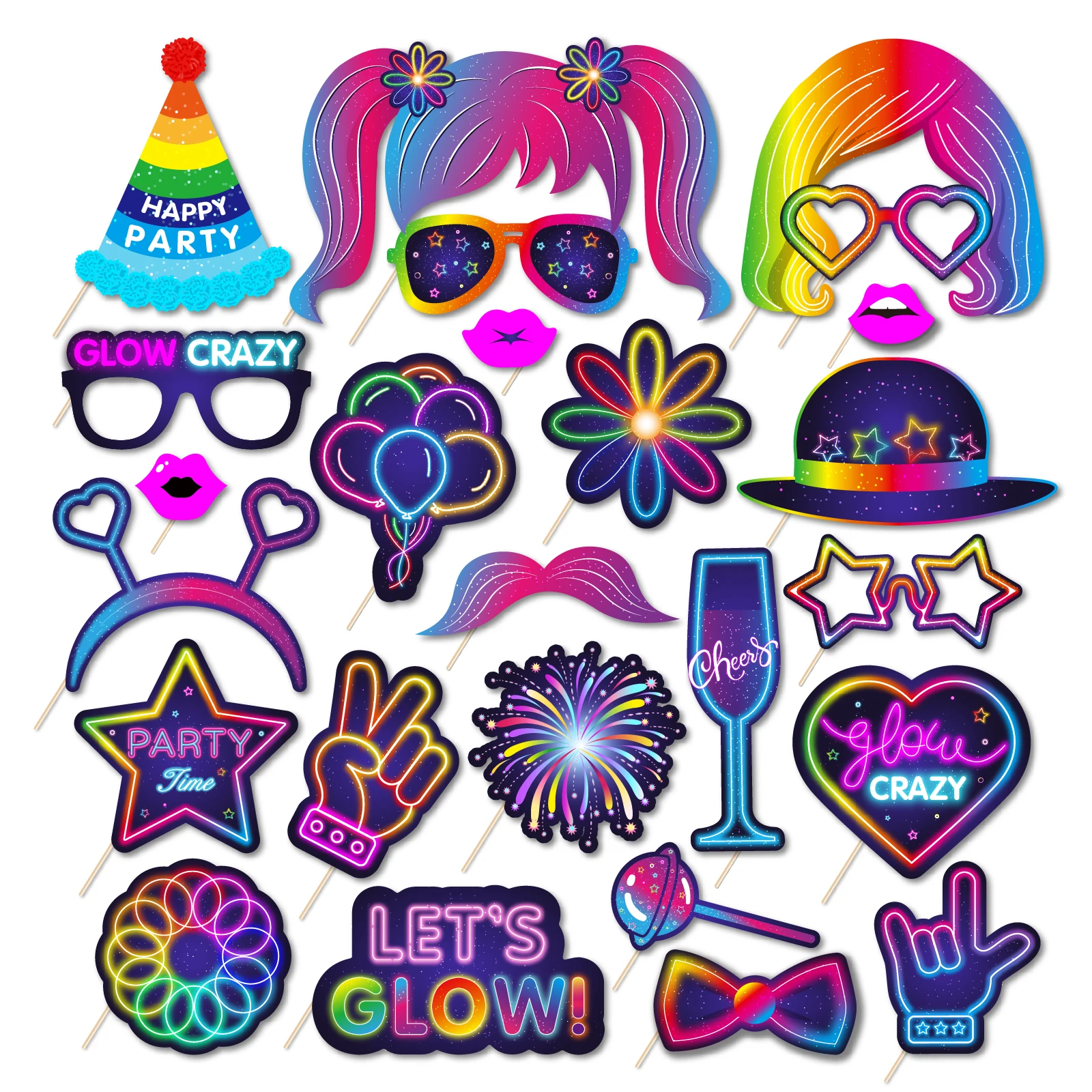 Glow Crazy Party Photo Booth Props Music Club Colorful Graffiti Birthday Party Funny Glasses Lips Hat DIY Photo Shoot Prop Decor party photo props