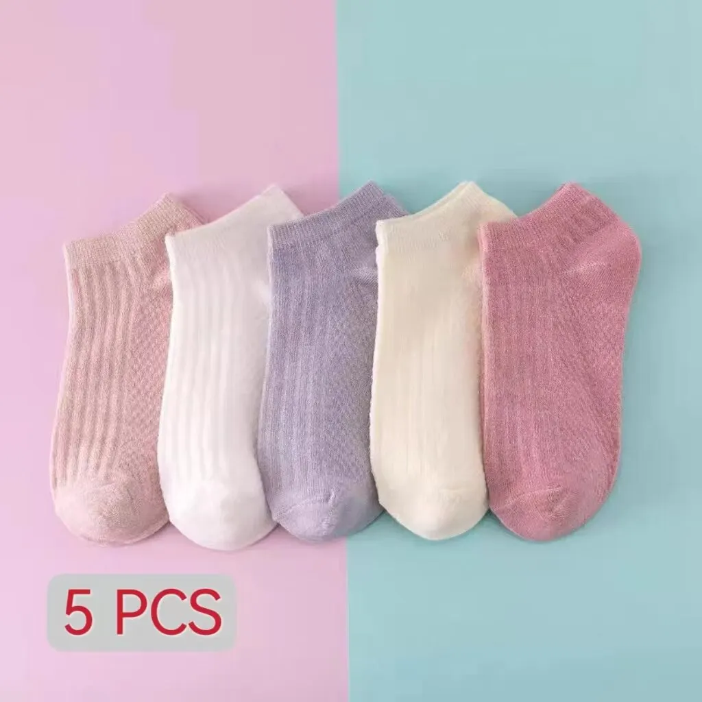Womens Socks 5 Pairs Free Size Breathable Sports Solid Color Boat Socks Soft Summer Girls