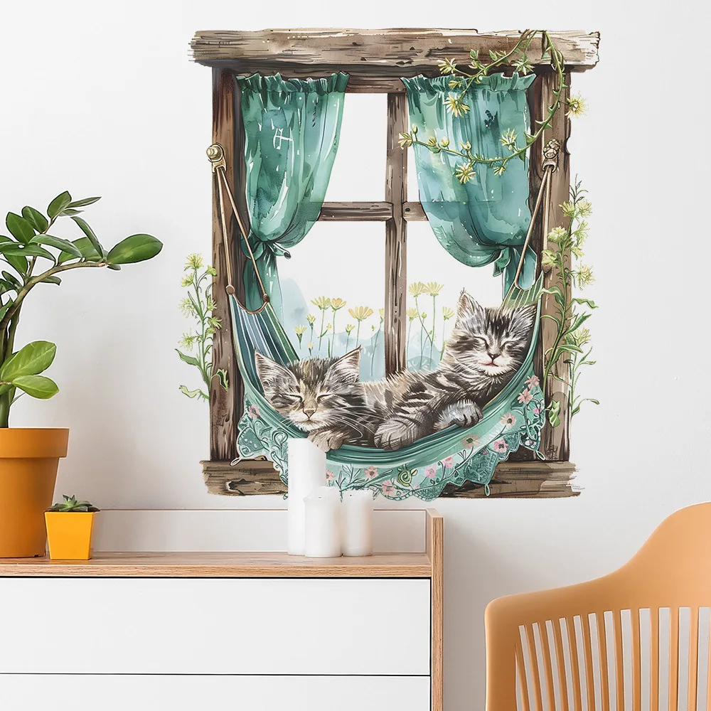 Wall Stickers 2pcs Creative Fake Window Cartoon Kitten