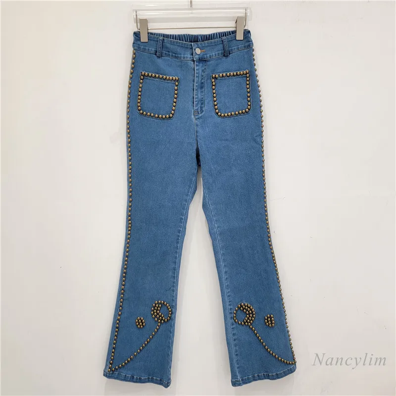 

Exquisite Flowers Decorative Rivets Slim-Fitting Cool Stretch Denim Bell-Bottom Pants Women's Clothing 2024 Autumn New Jeans