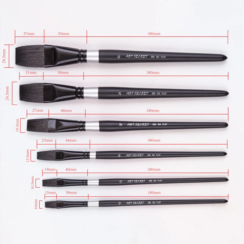 ArtSecret 6 PCS 다람쥐 머리카락 수채화 페인트 브러시 950SQ 플랫 안티 드롭 나무 손잡이 페인트 브러쉬 예술적 미술 도구
