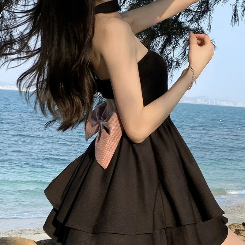

Neck-mounted Dress Women Summer New Sexy Strapless Halter Backless Bow Hotsweet Black Slim A-line Date Dress