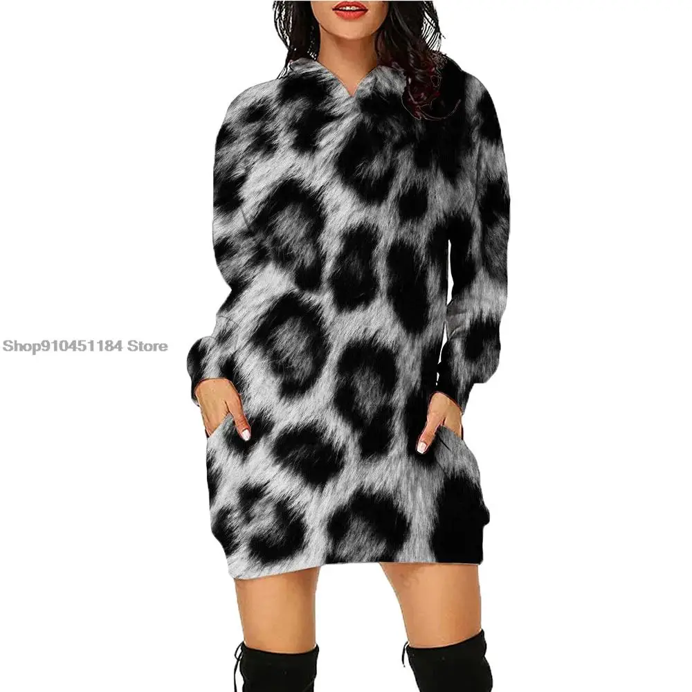 

Women’s Sexy leopard print Long-sleeved Hooded Sweater Street Style Print Hoodie Sweater Dress Casual Warm Pullover Dress